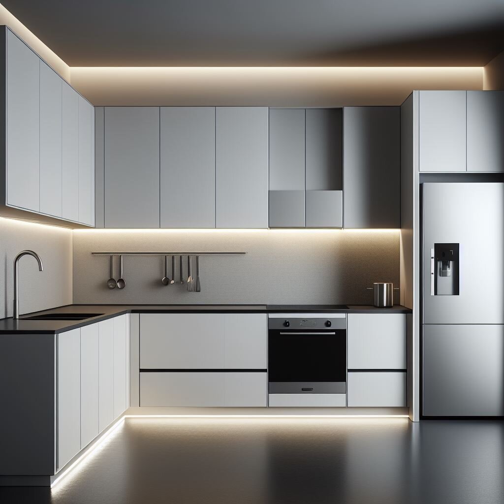  A modern kitchen featuring white cabinets and elegant lighting.