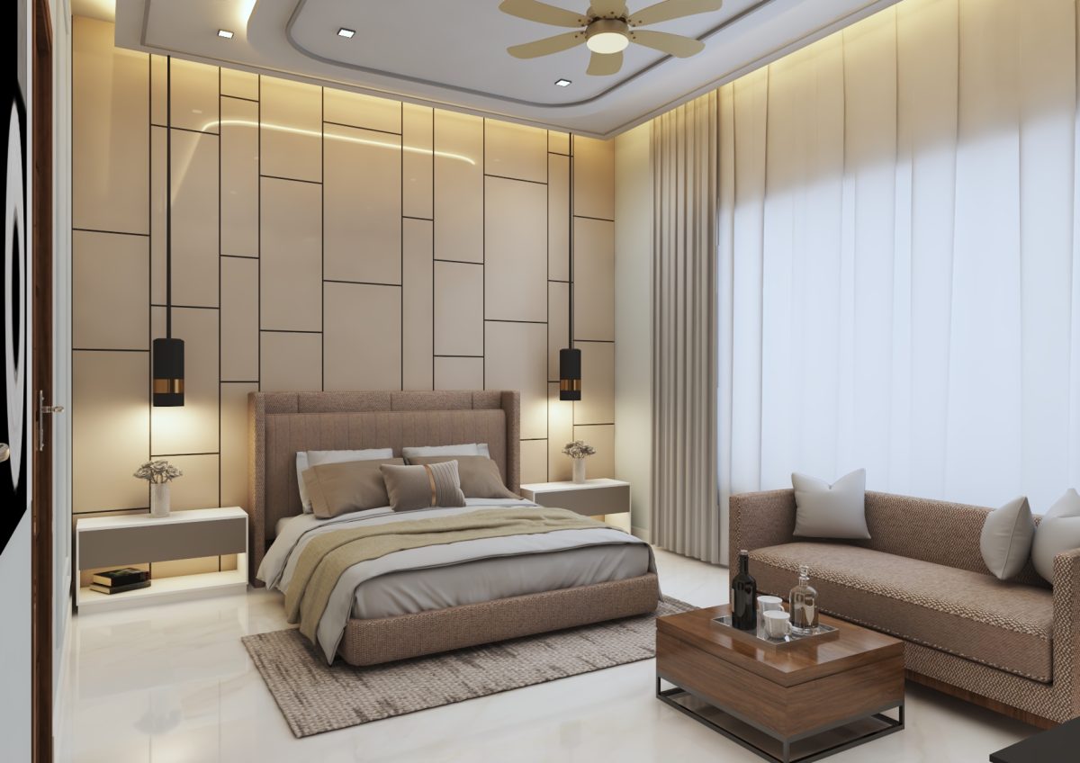 Modern bedroom with king-sized bed, large TV, wooden paneling, and ceiling fan. of right side