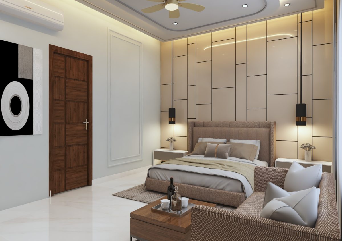 Modern bedroom with king-sized bed, large TV, wooden paneling, and ceiling fan.