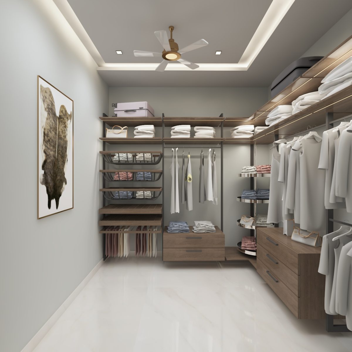 Image of a contemporary walk-in closet with wooden details, showcasing a well-organized storage system.