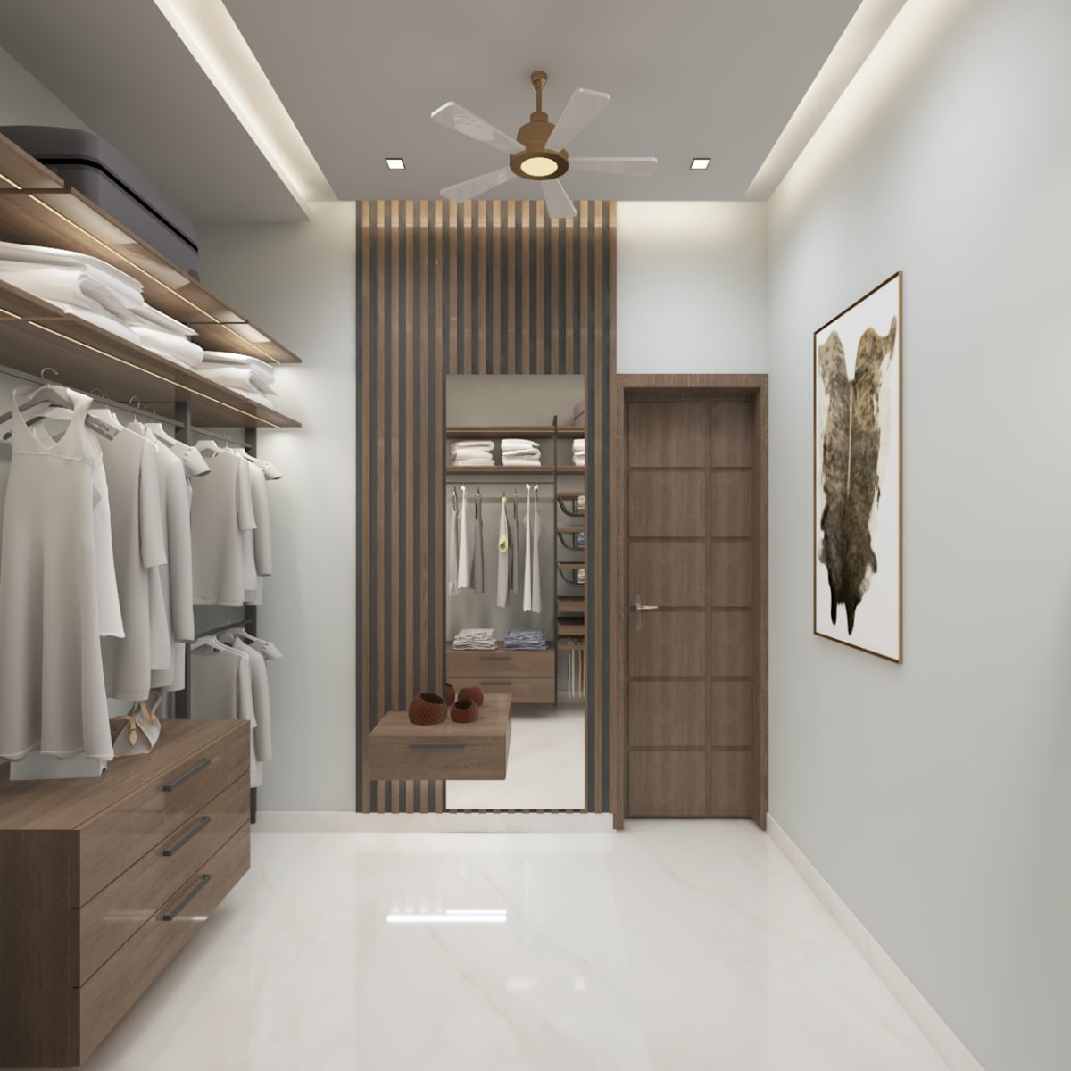 A stylish walk-in closet with wooden elements, designed to efficiently store and display clothing and accessories.