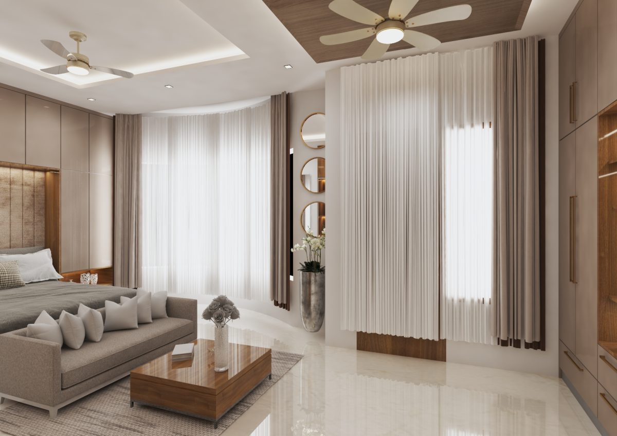 2. Image of a modern bedroom with a king-sized bed and a ceiling fan.