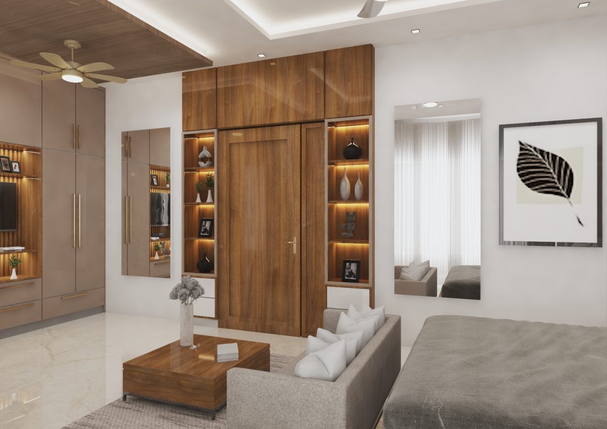 Contemporary bedroom featuring king-sized bed, wooden paneling, ceiling fan, and large TV.