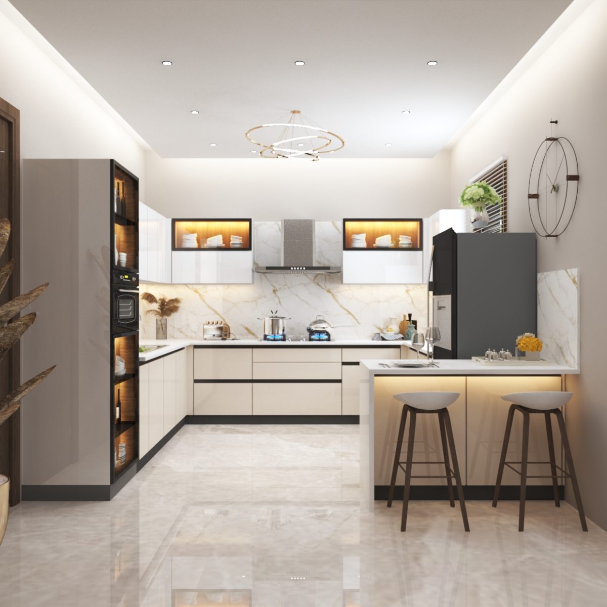 An image of a modern kitchen with sleek white cabinets and marble flooring.