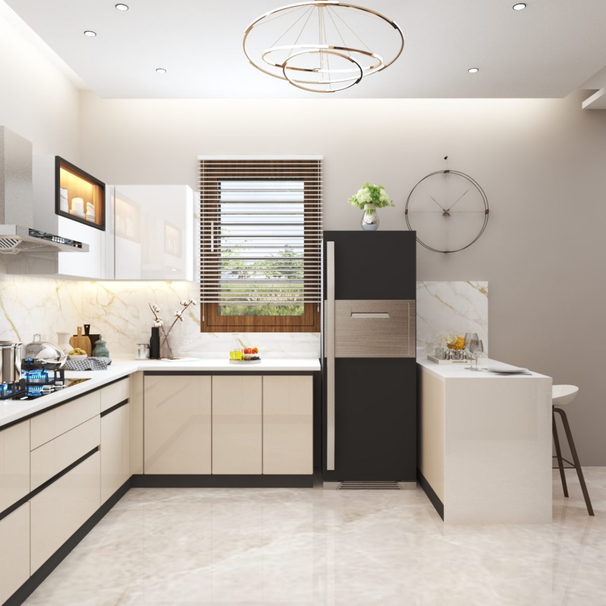 A modern kitchen with white and black cabinets, featuring sleek design and contrasting colors.