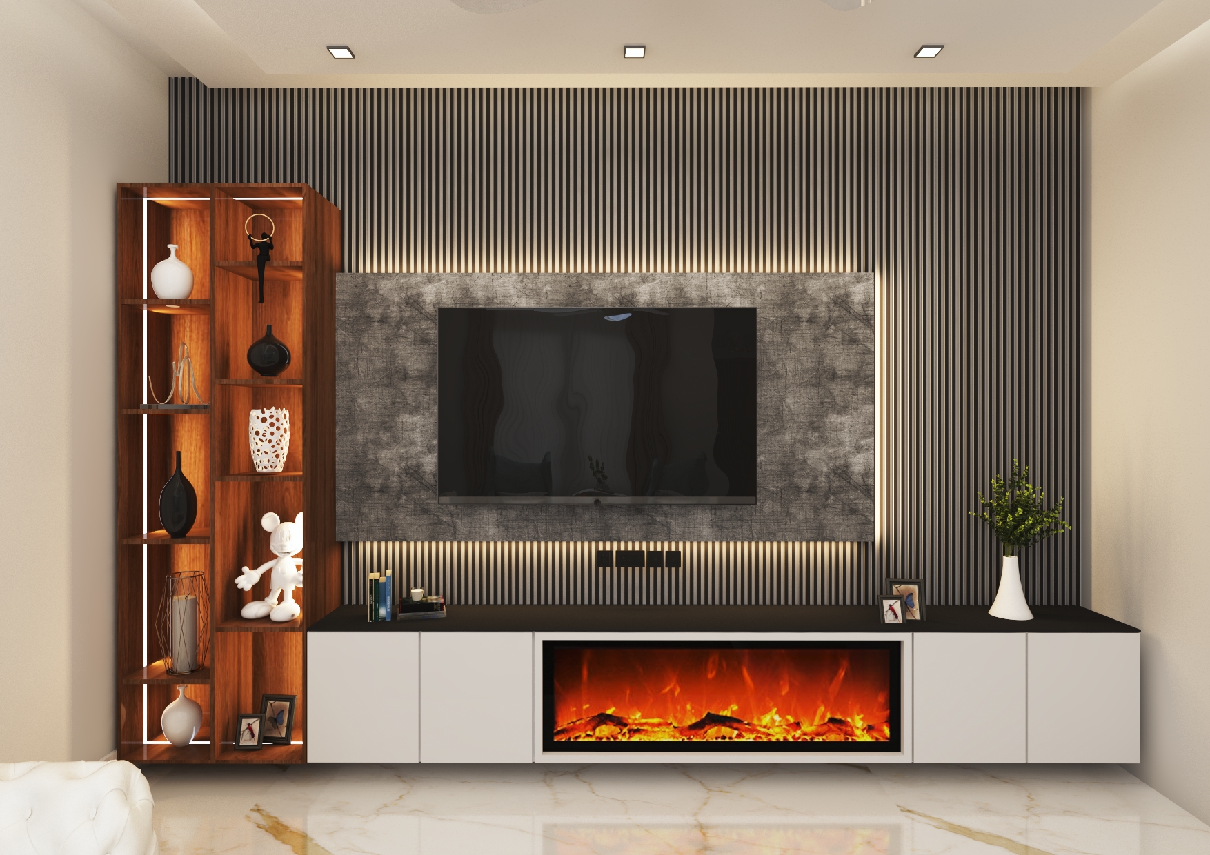 image featuring of a tv unit with born flame display in wooden white and grey colurs luvers.