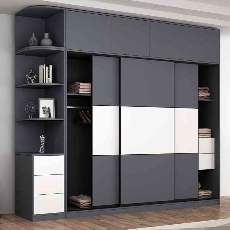 Image of a contemporary wardrobe featuring a sliding door and shelves, exuding a stylish ambiance, showcasing a sleek and minimalist design.