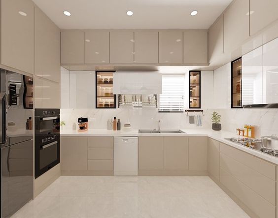 Modern kitchen featuring white cabinets and sink.