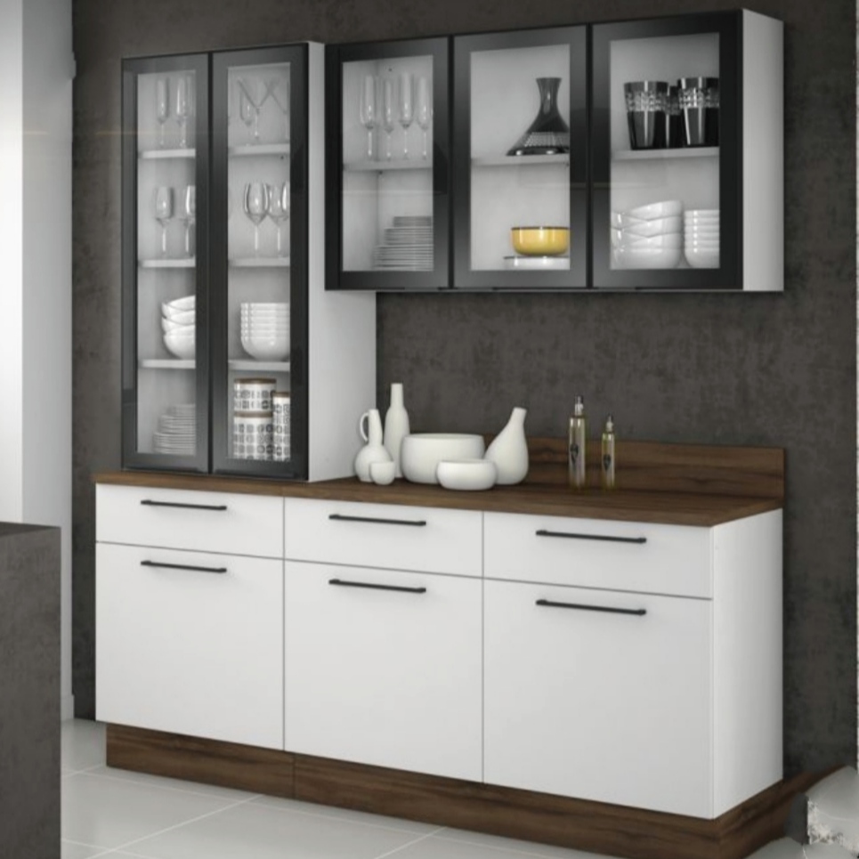 crokery unit in white and wooden colour combination with profile glass and with some crokery